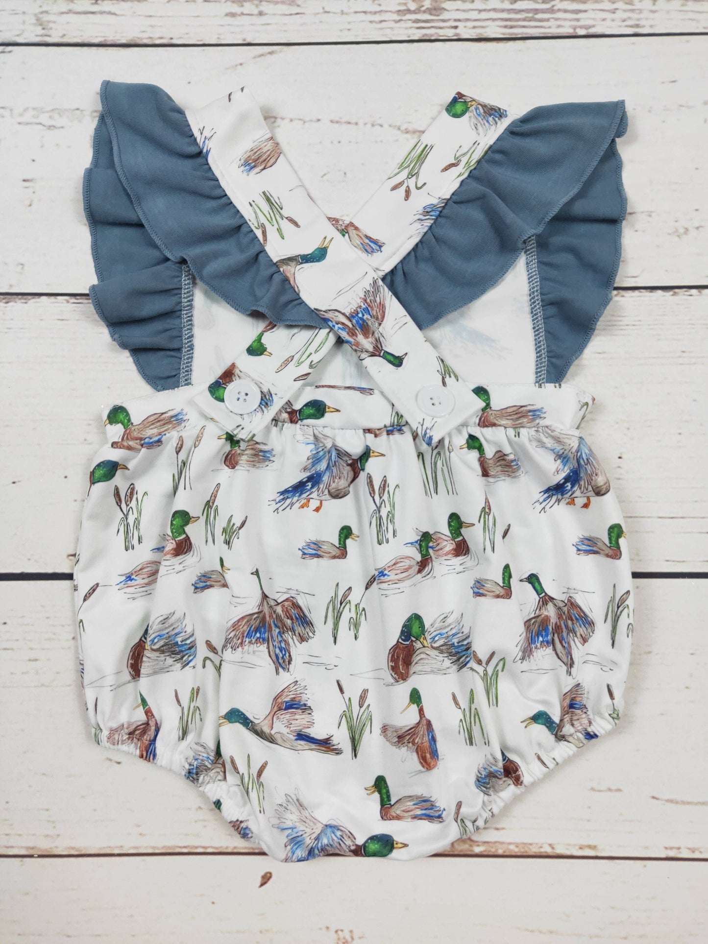 Mallard Duck Print Baby Girl Bubble Romper with Flutter Sleeves