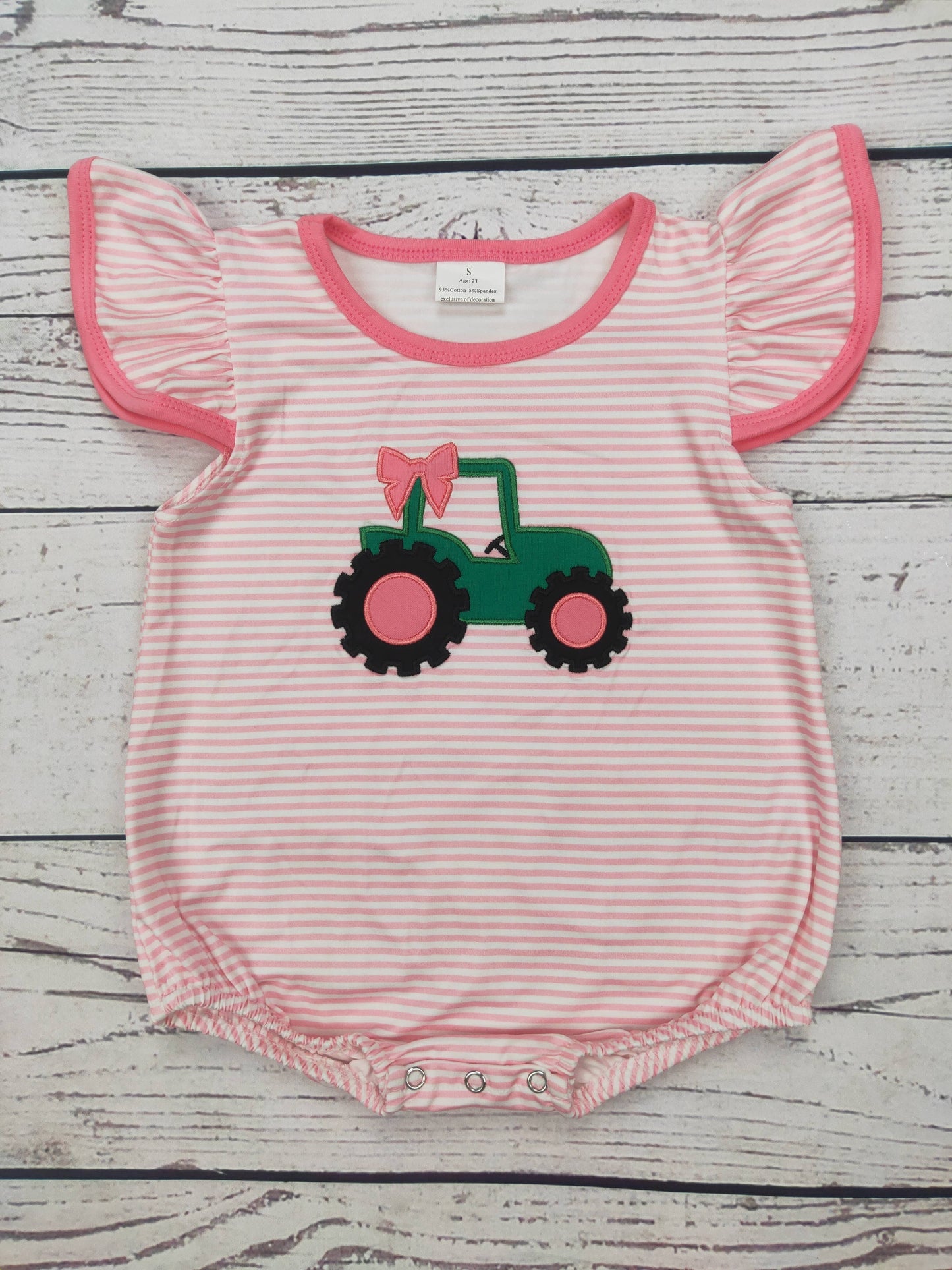 Pink Tractor Applique Baby Girl Bubble Romper