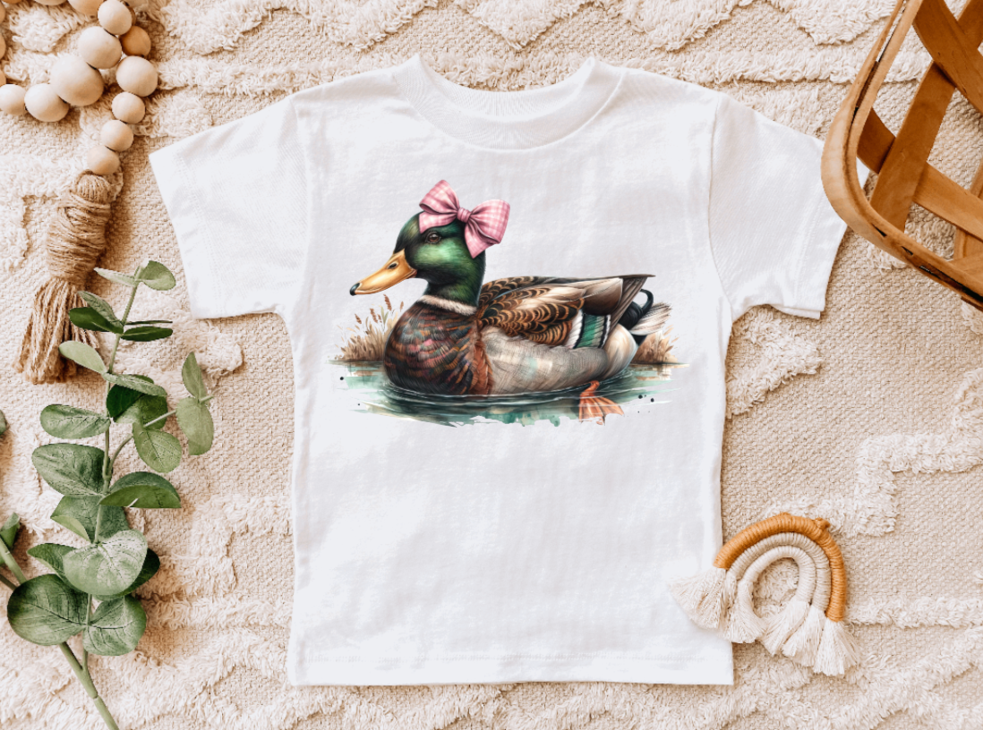 Girls Pink Bow Mallard Duck Graphic Tee