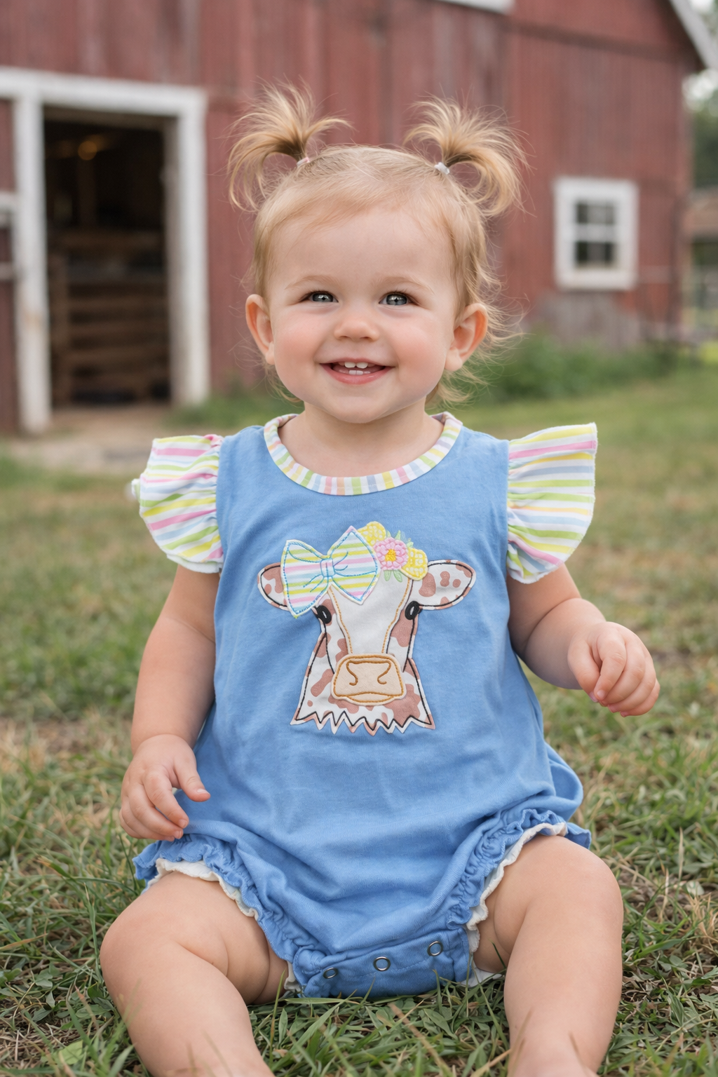 Pastel Cow Applique Baby Girl Bubble Romper