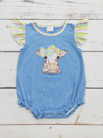 Pastel Cow Applique Baby Girl Bubble Romper
