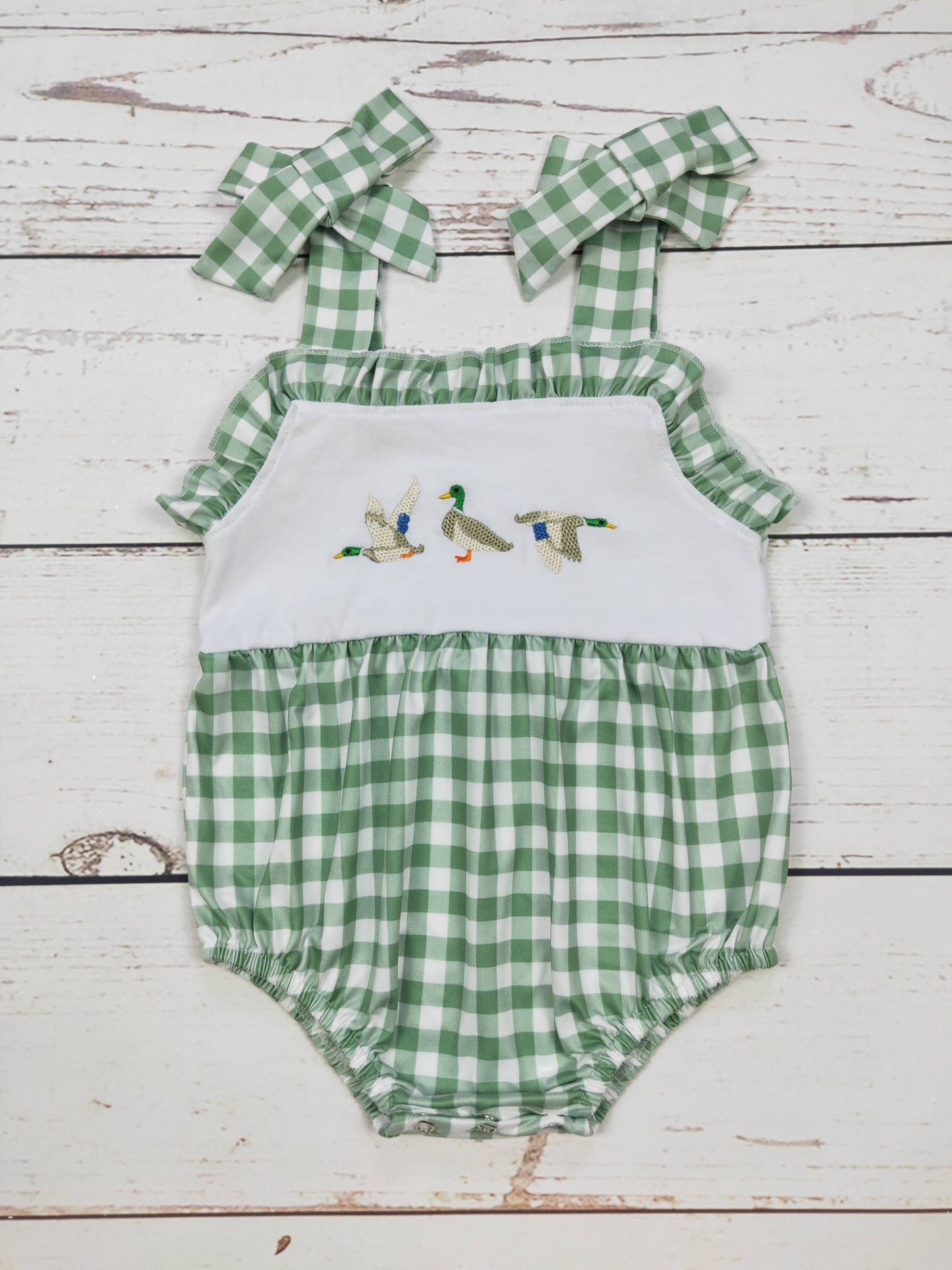 Mallard Duck Embroidered Baby Girl Gingham Bubble Romper