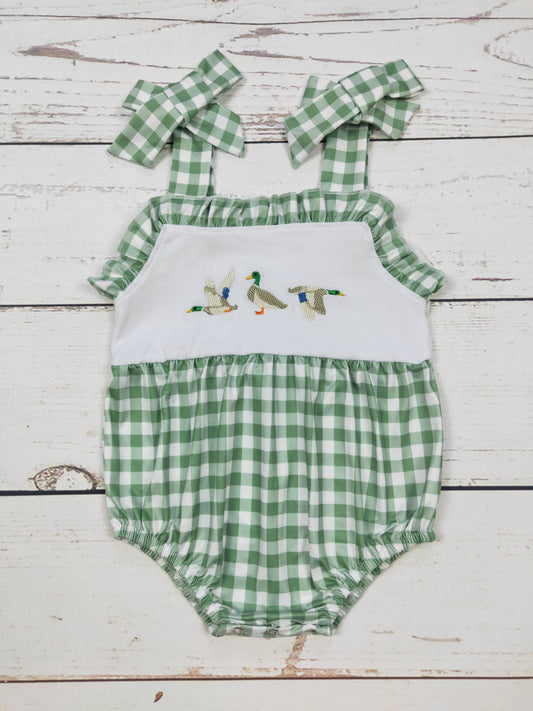 Mallard Duck Embroidered Baby Girl Gingham Bubble Romper