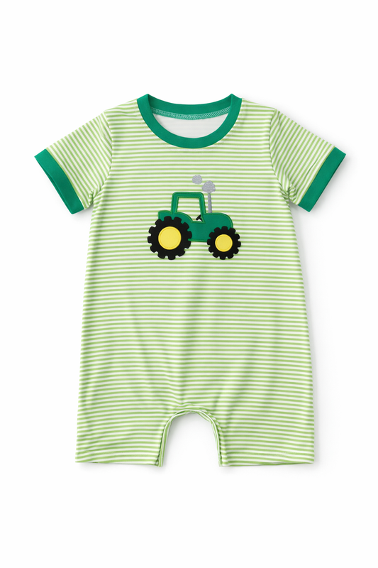 Green Tractor Applique Baby Boy Romper