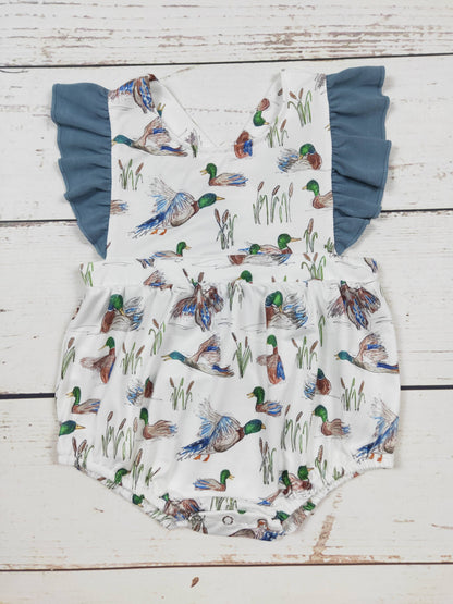Mallard Duck Print Baby Girl Bubble Romper with Flutter Sleeves
