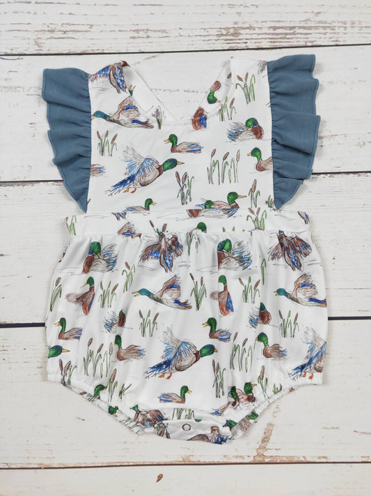 Mallard Duck Print Baby Girl Bubble Romper with Flutter Sleeves