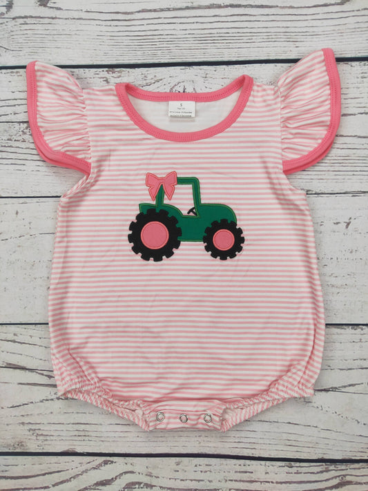 Pink Tractor Applique Baby Girl Bubble Romper